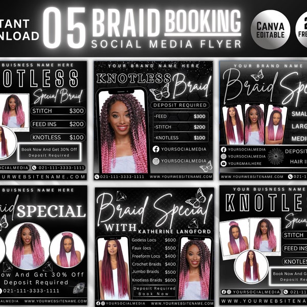 05 Knotless Braid Sale DIY Flyer, Hair Stylist Braiding, Knotless Wigs Template, Instagram Editable Canva Templates, Instant Access