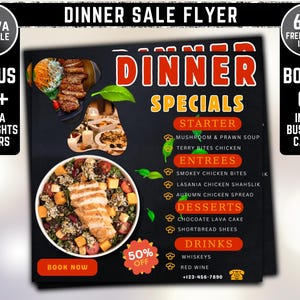 Folleto de oferta de cena, folleto de oferta especial del domingo, folleto comercial del menú de comida del restaurante, plantilla de folleto editable de Canva, folleto especial de cena