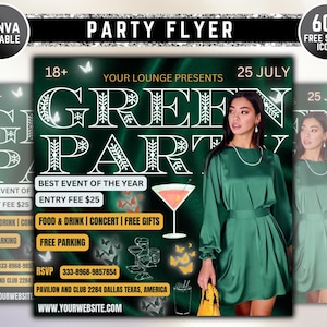 Green Night Party Flyer, Night Club Event Invite Flyer, Club DJ Flyer, Happy Hour Flyer, Premade Instagram Post, DIY Flyer Template Design