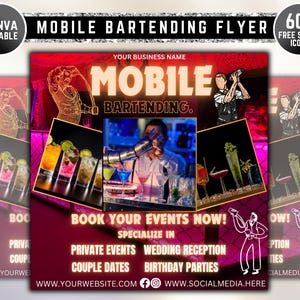 Mobile Bartending Flyer, Event Bartender Flyer, Premade Corporate Drink Service Party Flyer, Mixologist Portable Bartending, Canva Editable