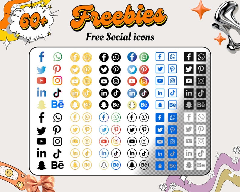 May include: A collection of social media icons in various colors and styles, including Facebook, Twitter, Instagram, and more. The image includes the text "Freebies" and "Free Social Icons".