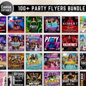 Può includere: Una raccolta di oltre 20 volantini per feste con vari temi, tra cui riunioni universitarie, compleanni e feste in piscina estive. I volantini presentano testo in grassetto, colori vivaci e immagini di persone ed eventi. L'angolo in alto a sinistra ha il testo "CANVA EDITABLE".
