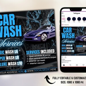 May include: A blue and black car wash services flyer with a blue car on the left side and a blue and black Instagram post on the right side. The flyer lists prices for basic, super, and deluxe car washes. The Instagram post includes a list of services included in the car wash.