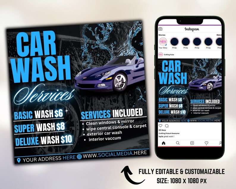 May include: A blue and black car wash services flyer with a blue car on the left side and a blue and black Instagram post on the right side. The flyer lists prices for basic, super, and deluxe car washes. The Instagram post includes a list of services included in the car wash.