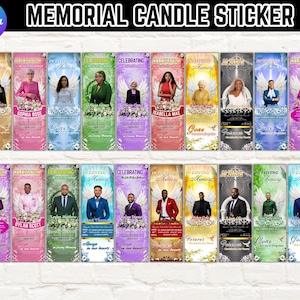 May include: Memorial candle stickers with various designs. Each sticker features a portrait, angel wings, and text such as "In Loving Memory" and "Celebrating". The stickers are in various colors, including gold, pink, and blue, with floral accents.