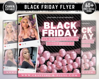 May include: Black Friday flyer with a pink and white color scheme. The flyer features a woman with pink hair and the text "Black Friday 50% off on everything Deposit Required" and "Crafting & Pulse Presents".