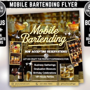 Mobile Bartending Flyer, Event Bartender Flyer, Premade Corporate Drink Service Party Flyer, Mixologist Portable Bartending, Canva Editable