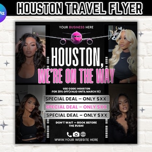 Op de afbeelding: Een promotieflyer voor Houston-reizen, met de tekst "HOUSTON, WE'RE ON THE WAY" in roze. De flyer bevat afbeeldingen van vrouwen, een roze vliegtuigafbeelding en details over een speciale deal met een kortingscode.