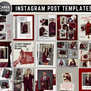 May include: A collection of Instagram post templates with a burgundy color scheme. The templates feature images of fashion items, text, and the words "CANVA EDITABLE" and "INSTAGRAM POST TEMPLATES". The templates are designed for brands.