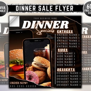 Folleto de venta de cena, Menú de cena, Cena especial, Folleto para restaurante, Folleto de comida, Folleto de restaurante, Folleto para camión de comida, Plantilla Canva