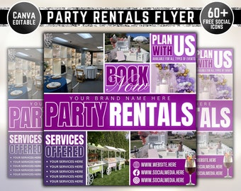 Flyer feestverhuur, flyer evenementenbenodigdheden, sjabloonontwerp doe-het-zelfflyer, flyer verhuur evenementapparatuur, kant-en-klare decoratieflyer feestplanning