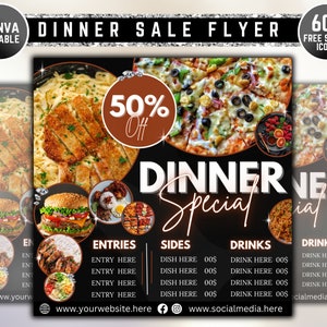 Folleto de venta de cena, Menú de cena, Cena especial, Folleto para restaurante, Folleto de comida, Folleto de restaurante, Folleto para camión de comida, Plantilla Canva