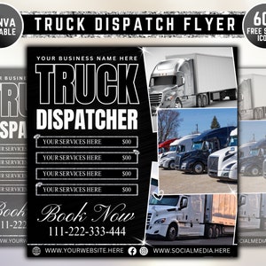 Puede incluir: Un folleto en blanco y negro con el texto "Truck Dispatcher" en letras blancas sobre fondo negro. El folleto anuncia servicios de transporte por camión e incluye un número de teléfono y una dirección de sitio web. El folleto también presenta imágenes de camiones de plataforma.