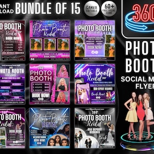 20, 360 Photo Booth Aluguel Flyer | Aluguel de Fotografia para Eventos DIY Festa Celebração Photobooth Mídia Social Instagram Editável Canva Template