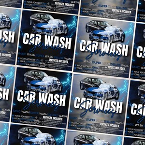 May include: A flyer for a car wash service. The flyer features a blue car with a black background and white lightning bolts. The text on the flyer reads "Car Wash Services" and lists the services offered: Basic Wash, Super Wash, and Deluxe Wash. The flyer also includes the business's address and website.
