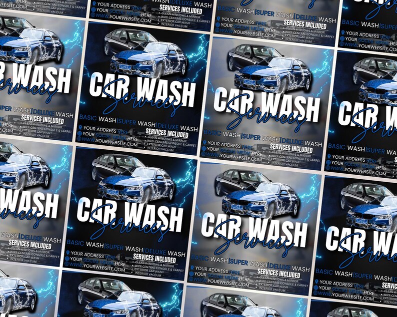 May include: A flyer for a car wash service. The flyer features a blue car with a black background and white lightning bolts. The text on the flyer reads "Car Wash Services" and lists the services offered: Basic Wash, Super Wash, and Deluxe Wash. The flyer also includes the business's address and website.