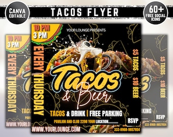 Tacos- och tequila-evenemangsflyer, klubbflyer, tacos tisdag, menyflyer, matflyer, inbjudningsflyer för sociala medier, redigerbar på Canva