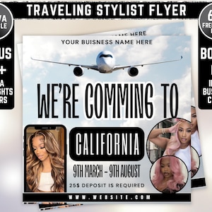 May include: A flyer advertising a travelling stylist coming to California. The flyer features a plane flying over clouds, a phone screen with a woman's face, and the text "We're Coming to California" with the dates "9th March - 9th August".