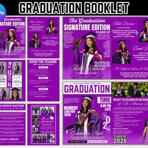 May include: A purple graduation booklet with the text "Graduation Booklet" and "Graduation Signature Edition Class of 2026". The booklet includes photos of graduates and event details. The booklet is designed for a graduation night celebration.