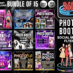 15, 360 Photo Booth Aluguel Flyer | Aluguel de Fotografia para Eventos DIY Festa Celebração Photobooth Mídia Social Instagram Editável Canva Template