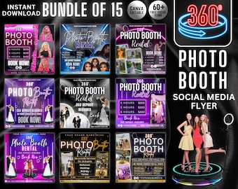 May include: A social media flyer for a 360 photo booth rental business. The flyer features a neon pink and purple color scheme with a 360 degree photo booth in the background. The flyer also includes a price list for different rental times and a call to action to book now.