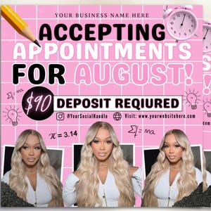 August Booking Flyer, Back To School Flyer, Summer Flyer, Canva Template, Book Now Appointments, Beauty, Lashes, Make up, Nails