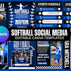 Puede incluir: Un conjunto de plantillas de Canva para redes sociales de softbol, en azul y blanco. Las plantillas anuncian eventos, torneos y momentos destacados de los jugadores. El texto incluye fechas, horarios y lugares de los eventos.