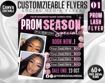 Prom Booking Flyer, Prom Special Flyer, Homecoming Flyer, Canva Template, Book Now Appointments, Beauty, Lashes, Make up, Nails