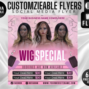 Wig Install Flyer, DIY Hair Special Flyer, Hairstylist Appointments Available Book Now Flyer, Nails Social Media Editable Canva Template