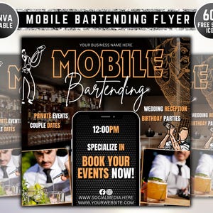 Mobile Bartending Flyer, Event Bartender Flyer, Premade Corporate Drink Service Party Flyer, Mixologist Portable Bartending, Canva Editable