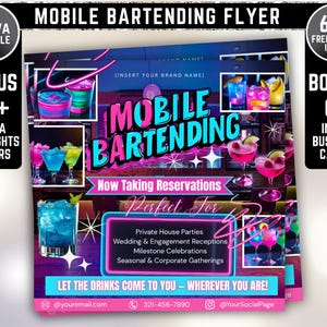Mobile Bartending Flyer, Event Bartender Flyer, Premade Corporate Drink Service Party Flyer, Mixologist Portable Bartending, Canva Editable