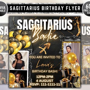Sagittarius Birthday Flyer, Birthday Girl, Happy Birthday Flyer, Sagittarius Season, Sagittarius Party, Celebration Flyer, Canva Editable