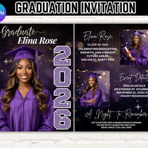May include: A graduation invitation with a purple theme. The invitation features a photo of a graduate in a purple cap and gown, with the text "Graduate Elina Rose" and "2026". Additional text includes event details and RSVP information.