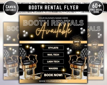 May include: A black and gold flyer with the text "Booth Rentals Available" in a gold script font. The flyer advertises booth rentals for stylists, nail techs, lash techs, and waxers. The flyer also includes the text "Book Now!" and a website address.