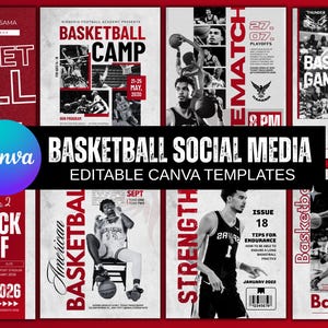 May include: A collection of basketball-themed social media templates. The templates feature images of basketball players, game schedules, and promotional text. The color scheme is primarily red, black, and white, with the word "Basketball" prominently displayed.