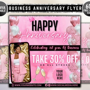 Folheto de aniversário de negócios, Folheto de aniversário do CEO, Folheto de comemoração, Folheto de venda de aniversário, Chicote, Cabelo, Unha, Boutique, Canva editável, Baixar