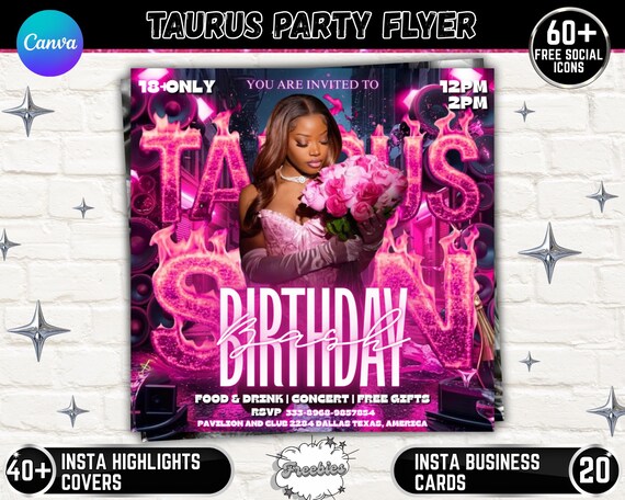 Editable Taurus Birthday Bash Flyer, Customizable Party Invitation, Free Parking, Hookah, Drinks, Digital Download, Canva Template