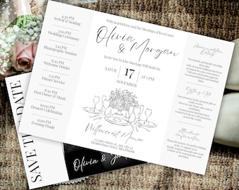 Hand Drawn Wedding Gatefold Invitation, Whimsical Folded Wedding Invite, Editable DIY Template, QR Code All in One Printable Card Design