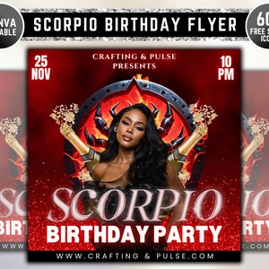Editable Scorpio Birthday Flyer, Birthday Template, Birthday Girl, Pink Birthday Flyer, Scorpio Season, Party Flyer, Celebration Flyer Canva