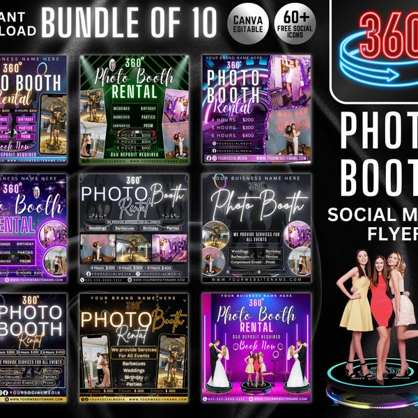 Bundle of 10, 360 Photo Booth Rental Flyer | DIY Event Photography Rental Party Celebration Photobooth Social Media Editable Template