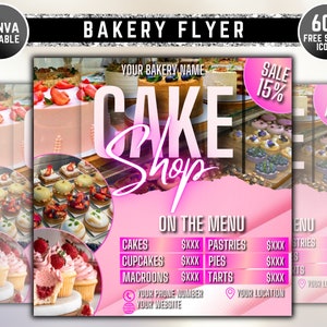 May include: A pink and white flyer advertising a bakery called "Cake Shop". The flyer features a photo of various pastries and cakes, including cupcakes, tarts, and pies. The flyer also includes a menu with prices for different types of baked goods. The text on the flyer reads "Sale 15%".
