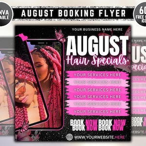 August Booking Flyer, Back To School Flyer, Summer Flyer, Canva Template, Book Now Appointments, Beauty, Lashes, Make up, Nails