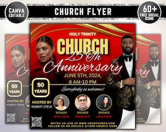 Può includere: Un volantino rosso e oro per la chiesa che annuncia una celebrazione del 25° anniversario. Il volantino presenta il testo "Holy Trinity Church 25th Anniversary" e la data "June 5th, 2024, 6 AM-10 PM". Il volantino include anche il testo "Everybody is welcome!" e un codice QR.