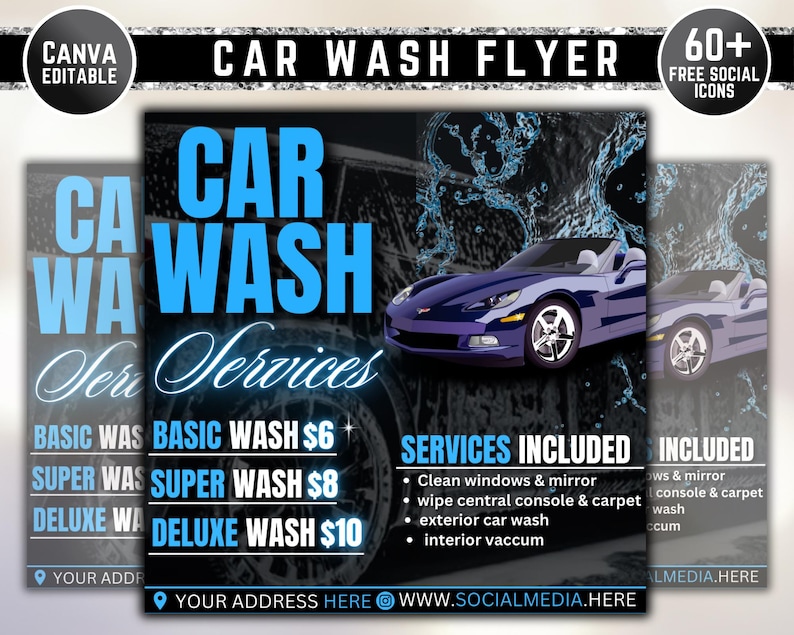 May include: A flyer advertising car wash services. The flyer features a blue convertible car with water splashing around it. The text on the flyer reads "Car Wash Services" and lists prices for basic, super, and deluxe washes. The flyer also includes a list of services included in each wash package.