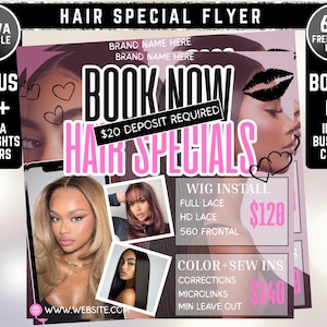 Editable Hair Specials flyer, Hair bundles flyer, frontals and closures flyer, hair flyer, book now flyer, appointment flyer, Canva template