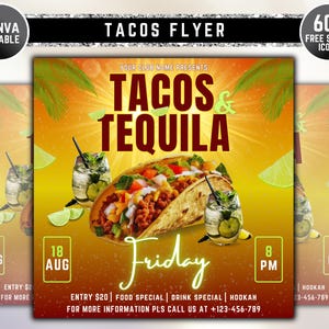 Tacos und Tequila Event Flyer, Club-Flyer, Tacos folgt auf Canva, Menü-Flyer, Food-Flyer, Social-Media-Einladungs-Flyer