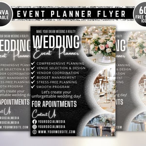 Bruiloftplanner, verhuur feestfolder, verhuur bruiloft, feestplanning, verhuur van apparatuur, doe-het-zelfflyer, canvassjabloon, sjablonen voor evenementenplanning