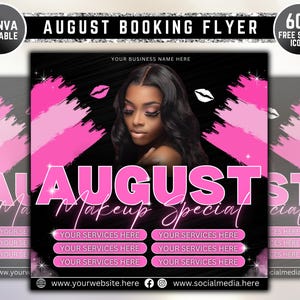 August Booking Flyer, Back To School Flyer, Summer Flyer, Canva Template, Book Now Appointments, Beauty, Lashes, Make up, Nails