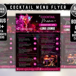 Cocktailmenü-Flyer, DIY-Flyer-Vorlagendesign, Pink-Menü-Flyer, Barkeeper-Flyer, Signatur-Getränkeschild, vorgefertigtes Getränkemixologen-Flyer
