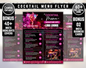 Cocktail Menu Flyer, DIY Flyer Template Design, Pink Menu Flyer, Bartender Flyer, Signature Drinks Sign, Premade Beverage Mixologist Flyer